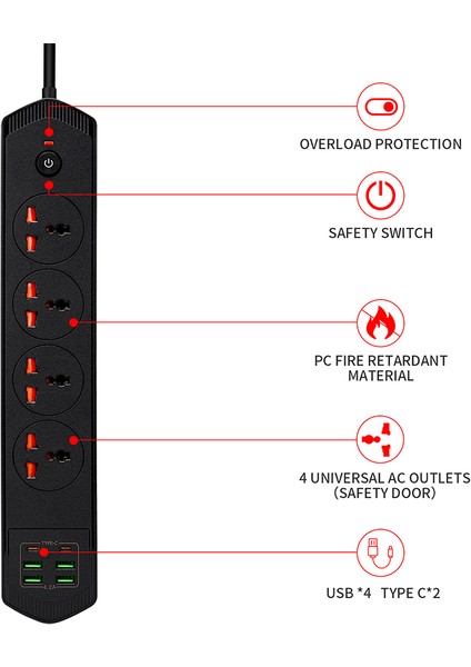 Yeni Nesil 10 Girişli 4+4 USB + 2 Type-C Çoklu Priz 2m Kablolu Akım Korumalı Anahtarlı Uzatma Priz modelleri