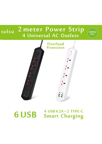 Yeni Nesil 10 Girişli 4+4 USB + 2 Type-C Çoklu Priz 2m Kablolu Akım Korumalı Anahtarlı Uzatma Priz fırsatları