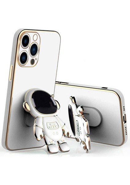 Apple iPhone 12 Pro Uyumlu Kılıf Standlı Astronot Silikon Kılıf Beyaz