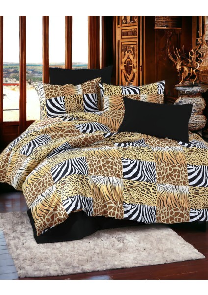 Leopar ve Zebra Desenli Siyah Çarşaflı 4 Yastık Kılıflı / Pamuklu Ranforce Ütü Istemez Kırışmaz Çift Kişilik Nevresim Takımı - 6157S indirimleri