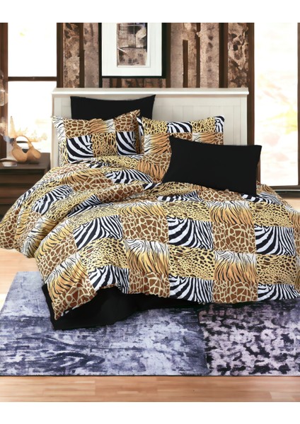 Leopar ve Zebra Desenli Siyah Çarşaflı 2 Yastık Kılıflı / Pamuklu Ranforce Ütü Istemez Kırışmaz Tek Kişilik Nevresim Takımı - 6157S