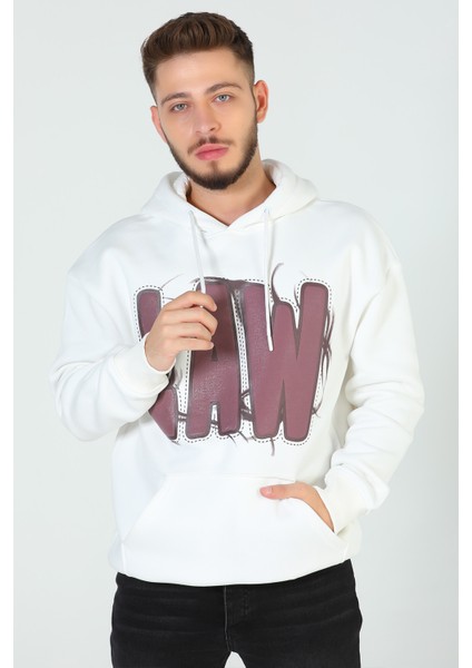 Krem Erkek Kapüşonlu Baskılı Üç Iplik Şardonlu Oversize Sweatshirt P-00005319