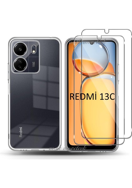 Xiaomi Redmi 13C Kılıf Kamera Çevresi Korumalı Darbeye Dayanıklı Şeffaf Silikon Anti Kapak + 9h Ekran Koruyucu Cam