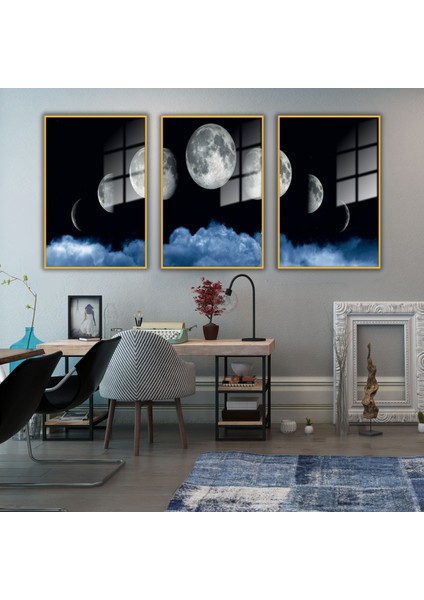 3 'Lü Metal Çerçeveli Cam Tablo Seti Bulutlar Ve Ay Döngüsü
