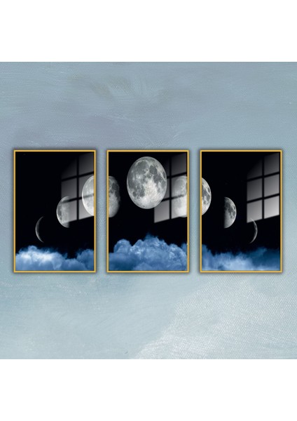3 'Lü Metal Çerçeveli Cam Tablo Seti Bulutlar Ve Ay Döngüsü fiyatları