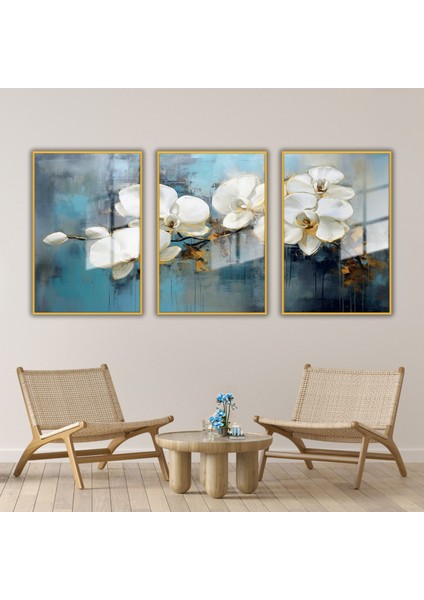 3 'Lü Metal Çerçeveli Cam Tablo Seti Mavi Beyaz Orkide