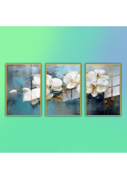 3 'Lü Metal Çerçeveli Cam Tablo Seti Mavi Beyaz Orkide fiyatları
