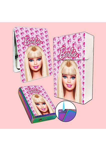 Barbie Baskılı Tabaka, Kaydırmalı Çakmak ve Cep Aynası Hediye Seti