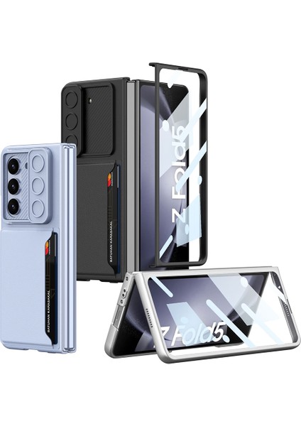Galaxy Z Fold 5 Suni Deri Arka Yüzey Sürgülü Kamera Korumalı Kartlıklı Kıpta Silikon Kapak