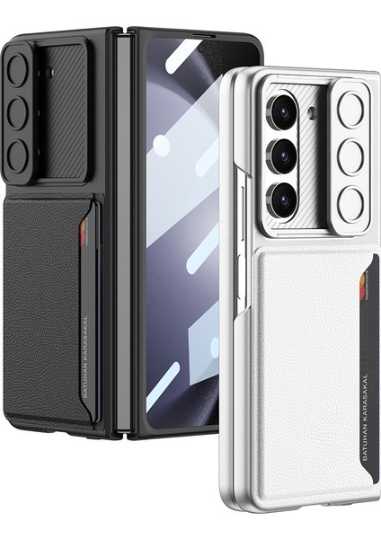Galaxy Z Fold 5 Suni Deri Arka Yüzey Sürgülü Kamera Korumalı Kartlıklı Kıpta Silikon Kapak