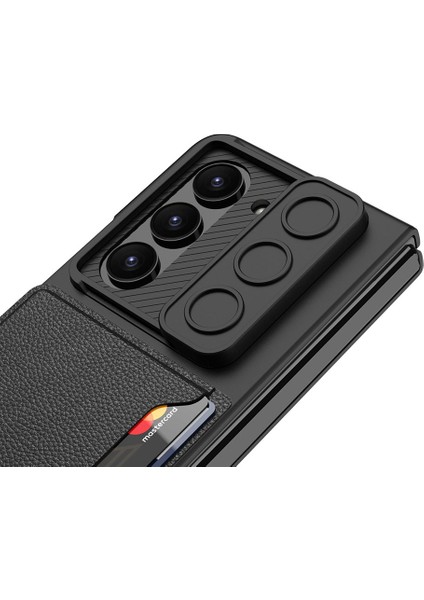 Galaxy Z Fold 5 Suni Deri Arka Yüzey Sürgülü Kamera Korumalı Kartlıklı Kıpta Silikon Kapak