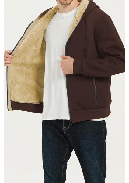 Erkek Ultra Termal Sherpa Astarlı Kapüşonlu Fermuarlı Cepli Kışlık Sweatshirt