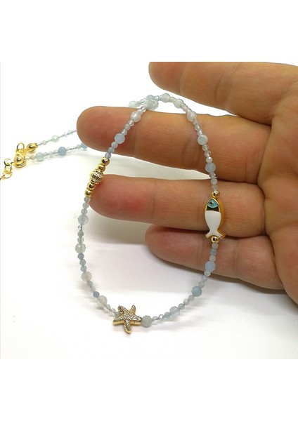 Yzcjeweler Doğaltaş Kolye-Akuamarin Kolye(4mm.ve 2mm.lik Taşlar)