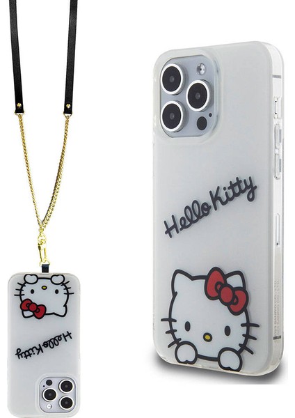 Apple iPhone 15 Pro Max Kılıf Hello Kitty Orjinal Lisanslı Askılı Yazı ve Ikonik Logolu Daydreaming Kapak
