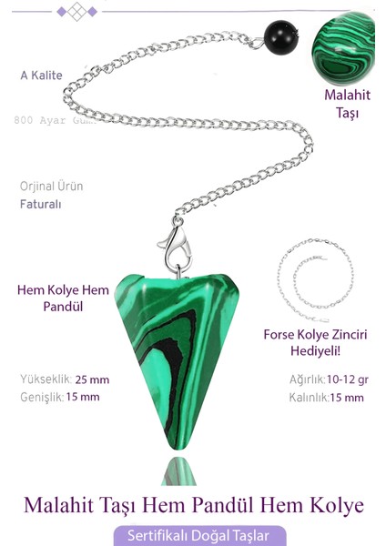 Sertifikalı Malahit - Malakit Taşı Pandül Sarkaç Hem Pandül - Hem Kolye