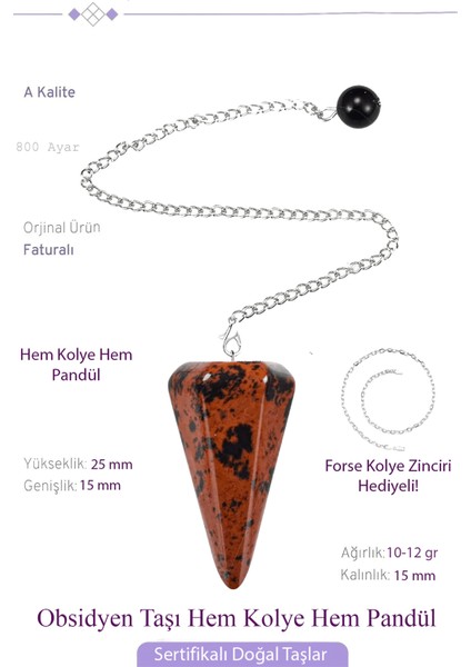 Sertifikalı Kahverengi Obsidyen Taşı Pandül Sarkaç Hem Pandül - Hem Kolye