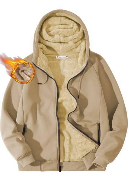 Erkek Ultra Termal Sherpa Astarlı Kapüşonlu Fermuarlı Cepli Kışlık Sweatshirt