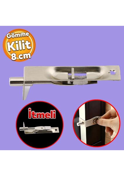 Gömmeli Itmeli Paslanmaz Sürgü Kilidi Kapı Pencere Sürgüsü 8 cm Saten Kilit