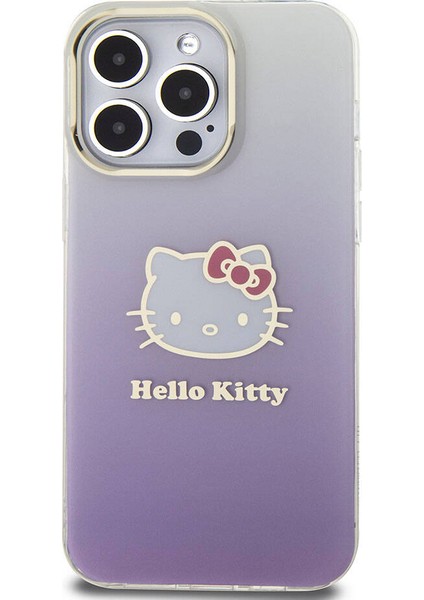 Apple iPhone 15 Pro Max Kılıf Hello Kitty Orjinal Lisanslı Yazı ve Ikonik Logolu Elektroplating Kaplama Gradyan Kapak