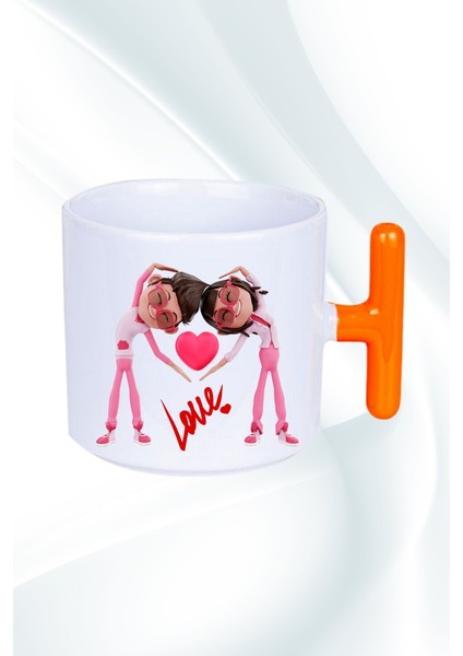 Mutlu Çiftler Love Baskılı Hediye T Saplı Kupa Bardak Porselen Çay Kahve Fincanı