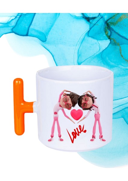 Mutlu Çiftler Love Baskılı Hediye T Saplı Kupa Bardak Porselen Çay Kahve Fincanı