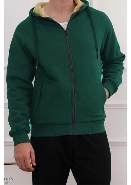 Erkek Ultra Termal Sherpa Astarlı Kapüşonlu Fermuarlı Cepli Kışlık Sweatshirt