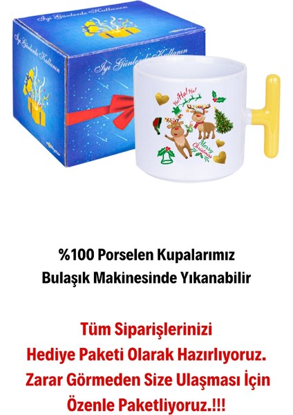Yılbaşı Geyikli Kurabiye Baskılı T Saplı Kupa Bardak Porselen Çay Kahve Fincanı