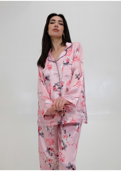 Saten Elegant Pijama Lüks Dekolteli Pijama Detaylı 4'lü Takım