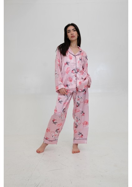 Saten Elegant Pijama Lüks Dekolteli Pijama Detaylı 4'lü Takım