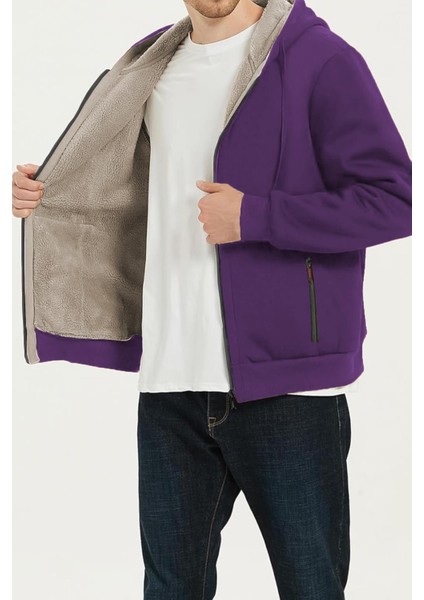 Erkek Ultra Termal Sherpa Astarlı Kapüşonlu Fermuarlı Cepli Kışlık Sweatshirt