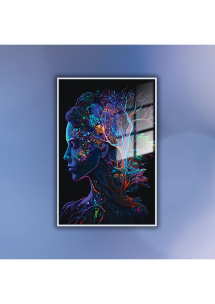 Metal Çerçeveli Temperli Cam Tablo Neon Renkli Ağaç ve Kadın