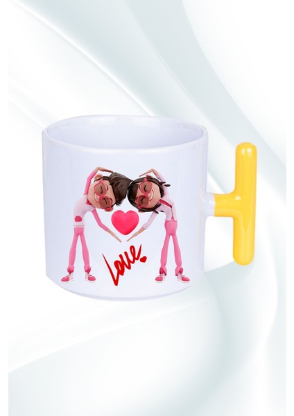 Mutlu Çiftler Love Baskılı Hediye T Saplı Kupa Bardak Porselen Çay Kahve Fincanı