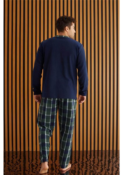 Yeşil Lacivert Ekose Desenli polar erkek pijama takımı modelleri