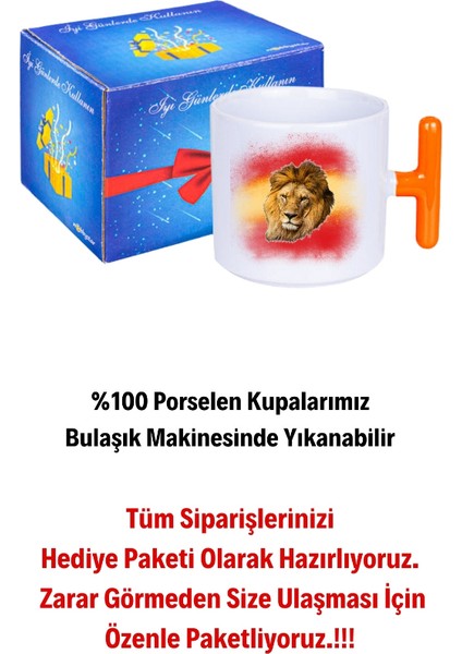 Taraftar Sarı Kırmızı Arslan Baskılı T Saplı Kupa Bardak Porselen Çay Kahve Fincanı