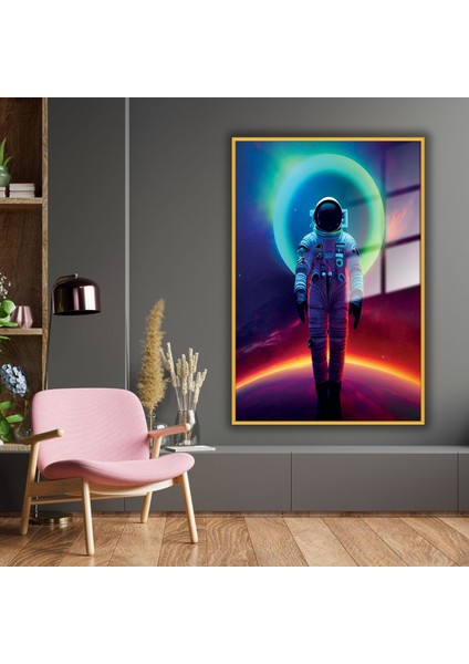 Metal Çerçeveli Temperli Cam Tablo Neon Renkli Uzay ve Astronot