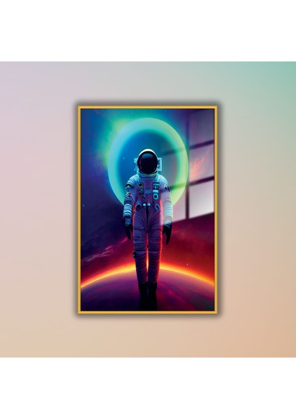 Metal Çerçeveli Temperli Cam Tablo Neon Renkli Uzay ve Astronot fiyatları