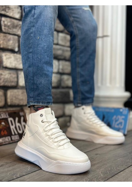 BA0318 Bağcıklı Erkek Yüksek Taban Beyaz Spor Bot