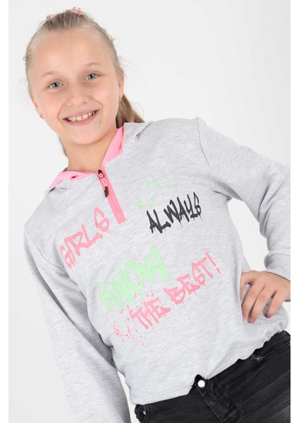 Kids Kız Always Baskılı Kapşonlu Sweat Uzun Kollu Kapşonlu Sweatshirt Pamuklu AK722407