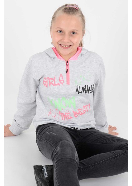 Kids Kız Always Baskılı Kapşonlu Sweat Uzun Kollu Kapşonlu Sweatshirt Pamuklu AK722407