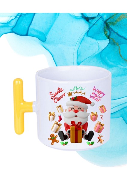 Noel Baba Happy Christmas Baskılı T Saplı Kupa Bardak Porselen Çay Kahve Fincanı