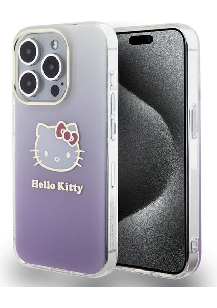 Apple iPhone 15 Pro Kılıf Hello Kitty Orjinal Lisanslı Yazı ve Ikonik Logolu Elektroplating Kaplama Gradyan Kapak
