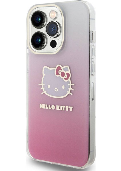 Apple iPhone 15 Pro Kılıf Hello Kitty Orjinal Lisanslı Yazı ve Ikonik Logolu Elektroplating Kaplama Gradyan Kapak