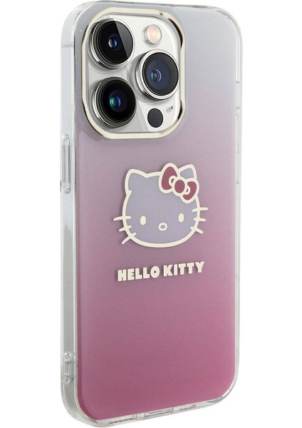 Apple iPhone 15 Pro Kılıf Hello Kitty Orjinal Lisanslı Yazı ve Ikonik Logolu Elektroplating Kaplama Gradyan Kapak