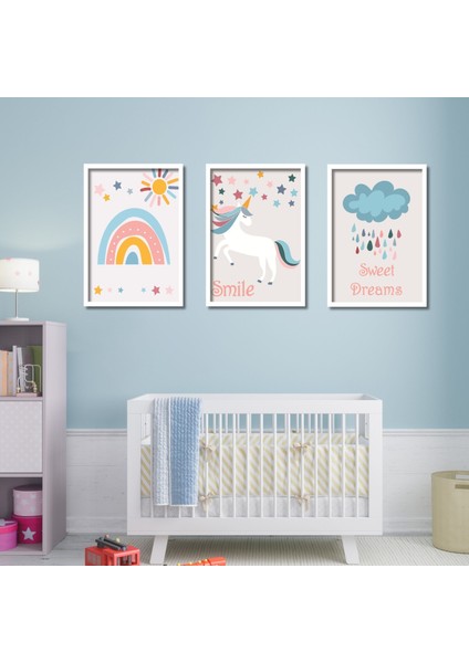 3 lü Ahşap Lamine Çerçeveli Mdf Bebek Odası Unicorn Tablo Seti