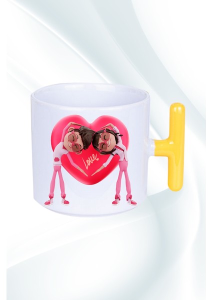 Mutlu Çiftler Love Kalp Baskılı Hediye T Saplı Kupa Bardak Porselen Çay Kahve Fincanı