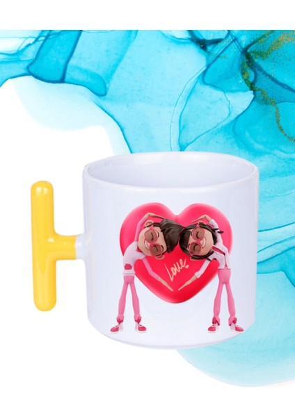Mutlu Çiftler Love Kalp Baskılı Hediye T Saplı Kupa Bardak Porselen Çay Kahve Fincanı