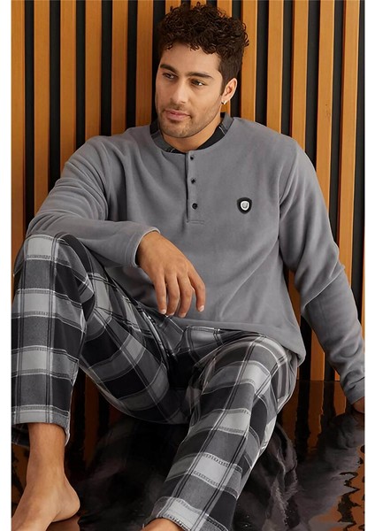 Gri Siyah Ekose Desenli polar erkek pijama takımı