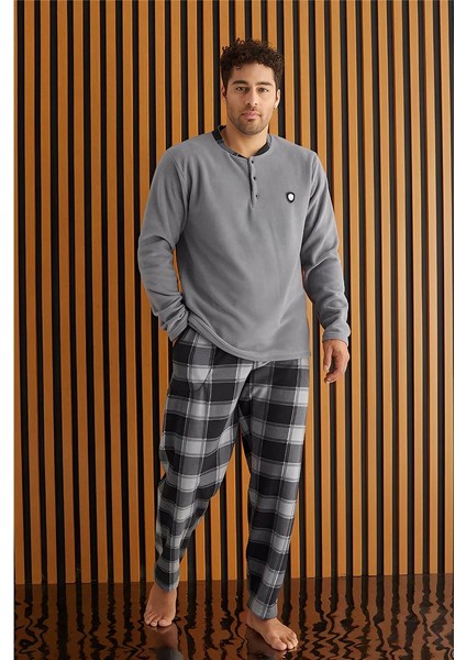 Gri Siyah Ekose Desenli polar erkek pijama takımı fiyatları