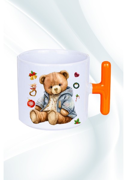 Yeni Yıl Oyuncak Ayı Teddy Bear Baskılı T Saplı Kupa Bardak Porselen Çay Kahve Fincanı