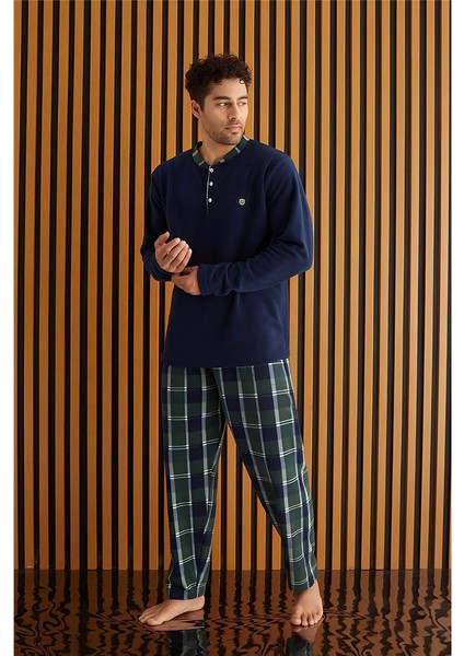 Yeşil Lacivert Ekose Desenli polar erkek pijama takımı fiyatları